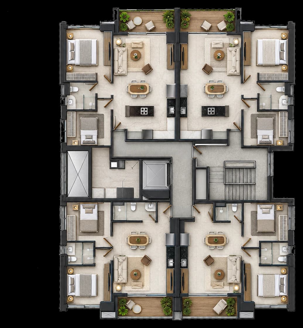 Plano de distribución de siete departamentos en una planta de San Nicolas 5