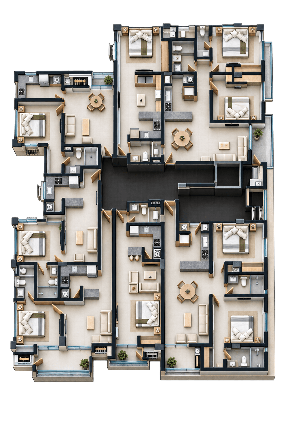 Plano de distribución de siete departamentos en una planta de San Nicolas 5