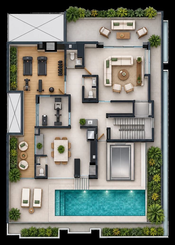 Plano del área social de San Nicolas 5 con piscina, terrazas y espacios comunes