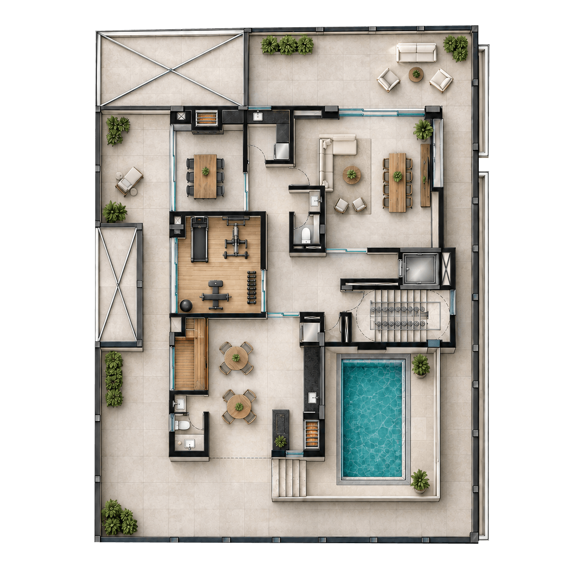 Plano del área social de San Nicolas 5 con piscina, terrazas y espacios comunes