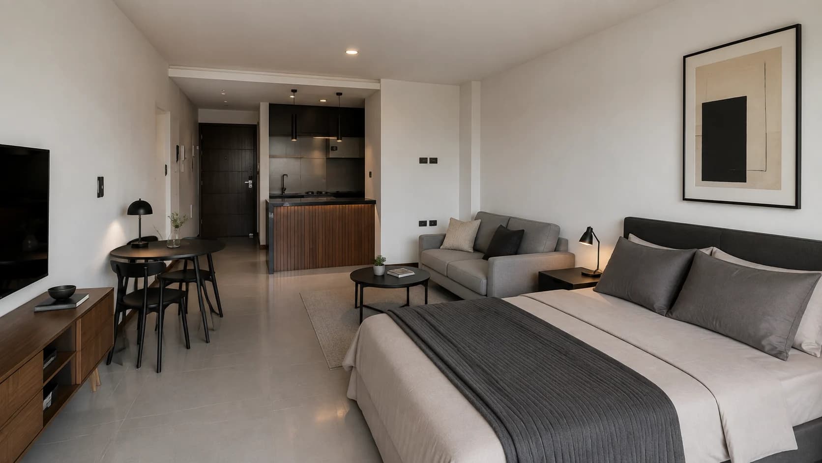 Render referencial amoblado del monoambiente D23 de San Nicolas 5